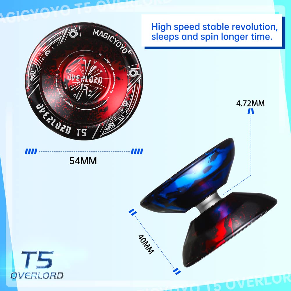 MAGICYOYO Professional Unresponsive Yoyo T5 Overlord, Dual Function Yo Yo Pro Alloy Yoyo Metal Bind Return Trick Yoyo, Flat Bearing + Bearing Remover Tool + Axle + Yoyo Storage Bag + 12 Yoyo Strings