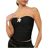 Floerns Women's Rhinestone 3D Floral Sleeveless Bandeau Ruched Strapless Tube Top