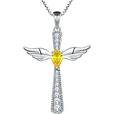 YL Cross Necklace 925 Sterling Silver Angel Wings Pendant Teardrop Birthstone Criss Jewelry for Women