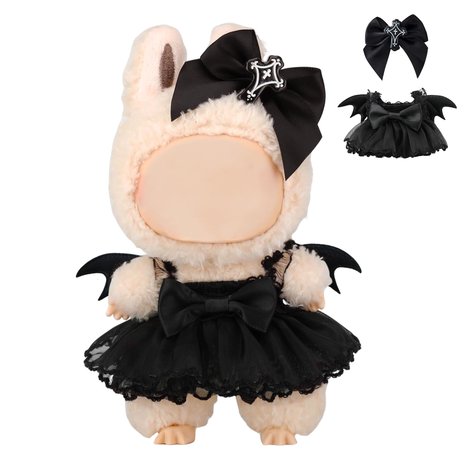 2 Pcs Doll Clothes Compatible with 17cm Lububu Clothes, Black Doll Outfit Accessories Sets Include 1 Dress 1 Bow Hair Clip for Dolls Premium Outfit (No Doll)