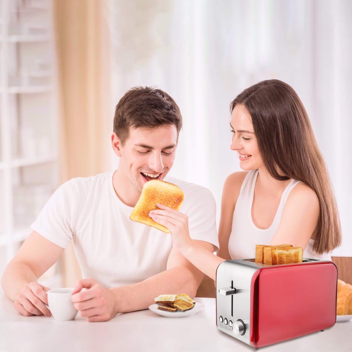 2 Slice Toaster, MKG Stainless Steel Bagel Toaster with Extra Wide Slots, 6 Shade Settings, Bagel/Defrost/Cancel Function, Removable Crumb Tray, High Lift Lever, Red