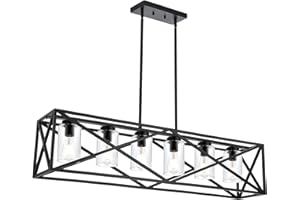 TODOLUZ 6-Lights Farmhouse Chandelier Black Dining Room Light Fixtures, 45.28" Contemporary Rectangle Kitchen Island Lighting with Clear Glass Shade