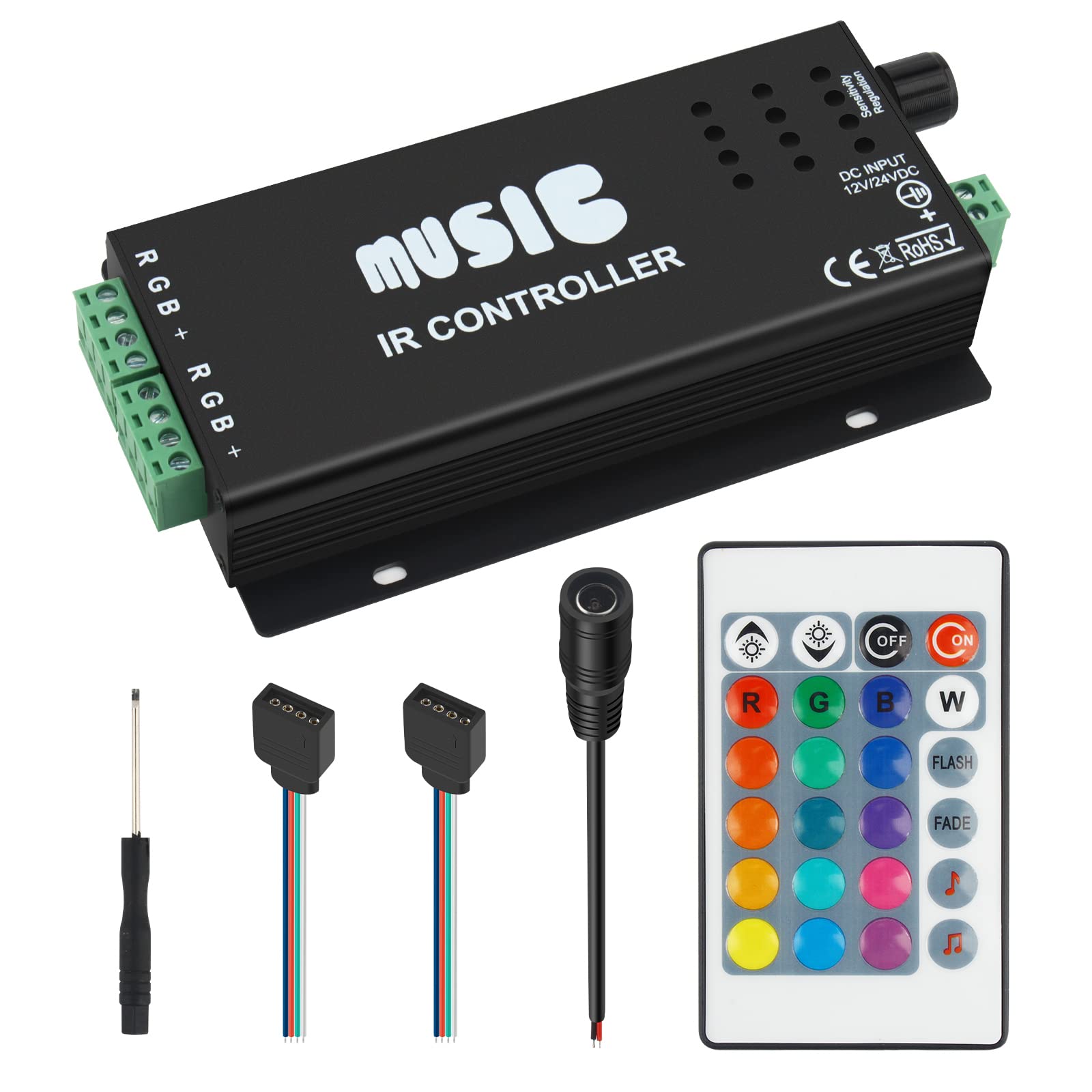 VIPMOON Music Sync LED Controller with 24 Keys IR Remote, DC 12-24V Sound Sensitive Controller, Metal Housing for Home Improvement, House Party, Compatible with 5050 3528 RGB LED Strip Lights