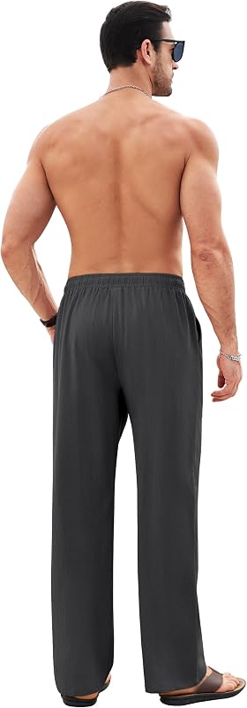Calças de linho masculinas de algodão de verão com bolsos com cordão