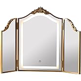HSDDHOME Antique Gold Triple Fold Makeup Mirror with Tri-Color LED Lighting &amp; Dimming, Baroque Carved Arch Vintage Vanity Mirror, Bohemian Decor for Bedroom/Dressing Room, 31x23 Inch