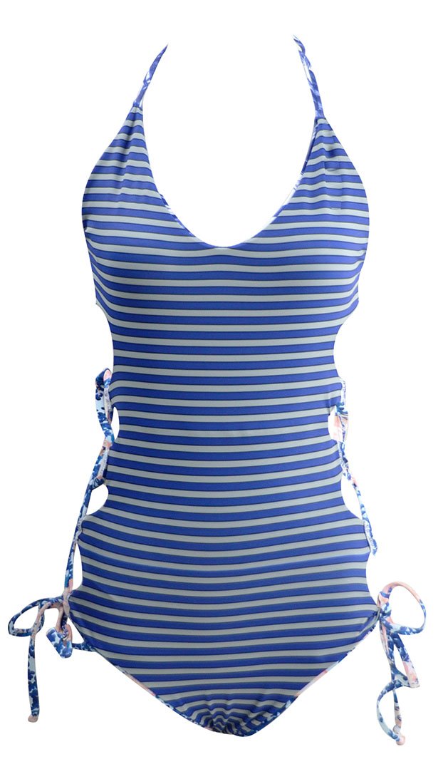 DFXIU Costume Da Bagno Reversibile Con Stampa Per Donne a Righe Monokini Beachwear Monocolore Striscia Fiori Blu