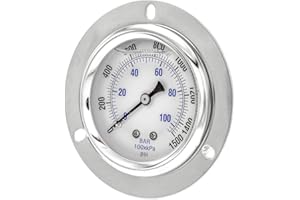 PIC Gauges PRO-204L-254N Panel Mount Front Flanged Glycerin Filled Industrial Pressure Gauge w/ SS Case, Brass Internals, Plastic Lens, 2.5" Dial, 0/1500 psi Range, 1/4" Male NPT