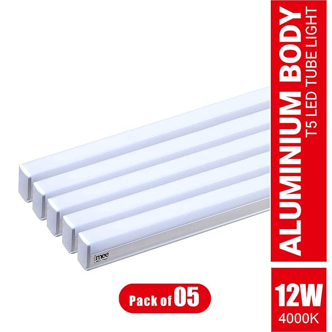 imee 12 W Extra Bright 1200 Lumens Strong Aluminium Body T5 LED Tube Light 4000K Warm White Light Batten Length 2 ft with Fitting Clamps and Screws, Pack of 5