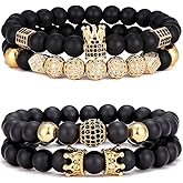 SONNYX 4Pcs 8mm Crown King Charm Beads Bracelet for Men Women Natural Black Matte Onyx Stone Beads Elastic Adjustable