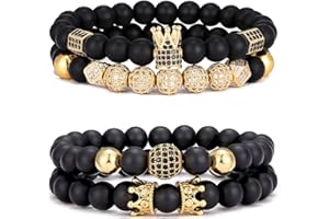 SONNYX 4Pcs 8mm Crown King Charm Beads Bracelet for Men Women Natural Black Matte Onyx Stone Beads Elastic Adjustable