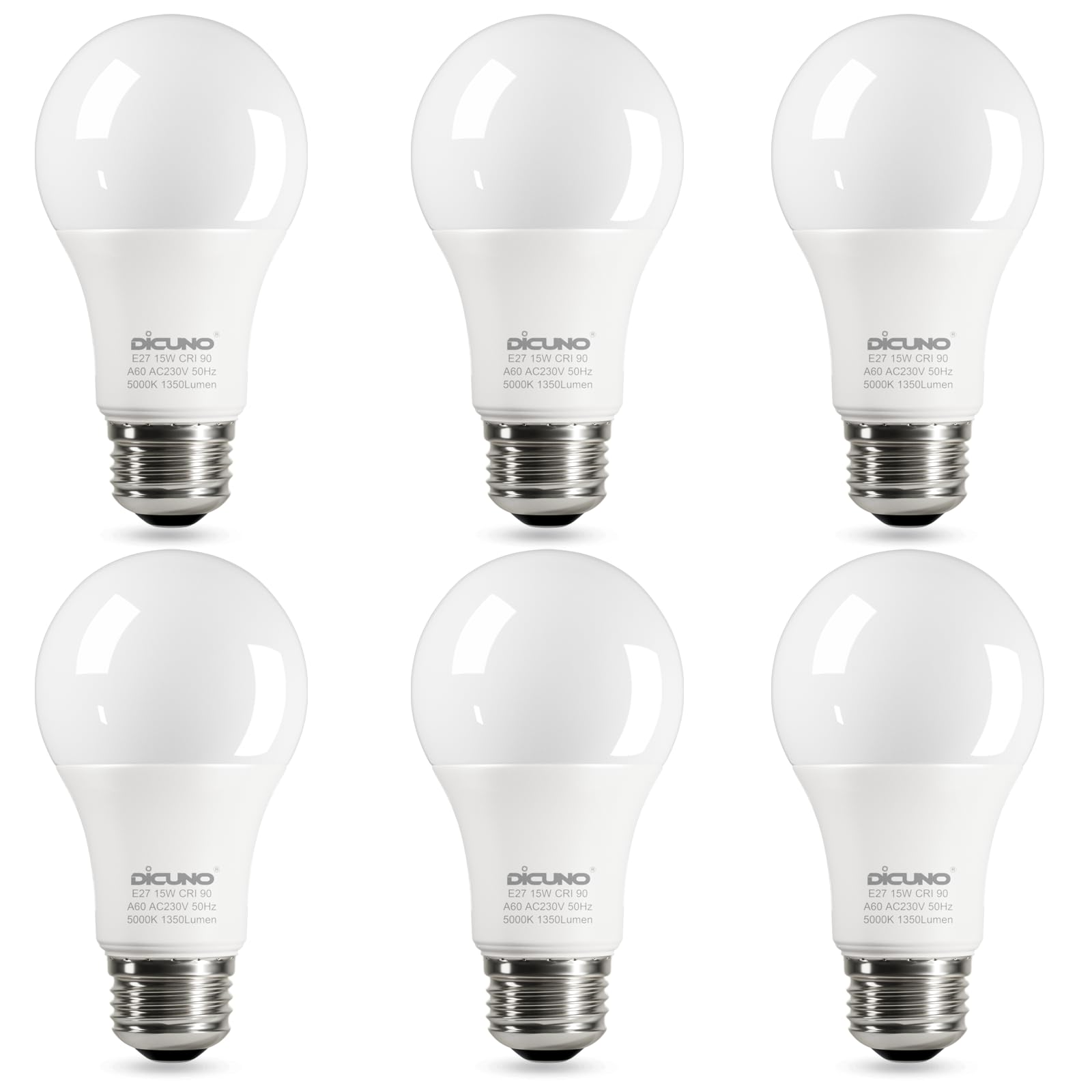 DiCUNO E27 Screw LED Bulb 100 Watts Equivalent, Daylight White 5000K, Large Screw in Light Bulb 15W, 1350 LM, Non-Dimmable, No Flickering Lightbulbs for Lamp, 6 Pcs