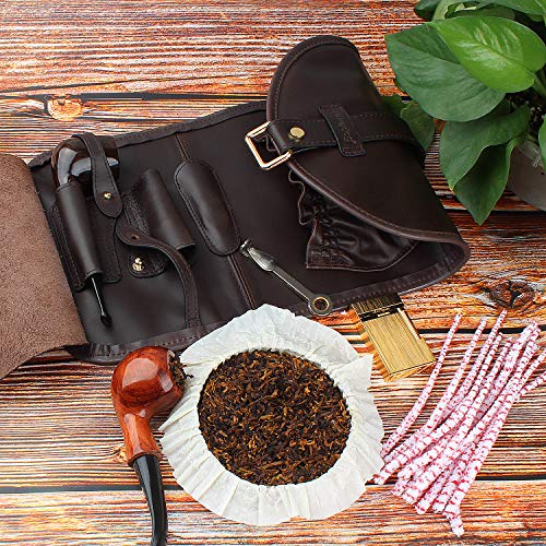 Traditional Brown Genuine Leather Tobacco Smoking Pipe Pouch Bag Organize Case Pipe Tool lighter Holder Pocket for 2 Pipe (black-brown)