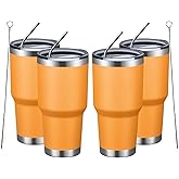 MEWAY 30oz Insulated Tumbler With Lids and Straws,Stainless Steel Double Vacuum Coffee Tumbler Cup, Brush, Durable Powder Coated Coffee Cup for Cold & Hot Drinks, Office, Travel(Orange,4 PACK)