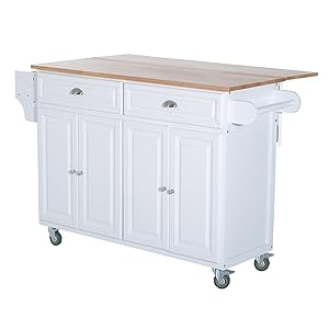 HOMCOM Wood Top Drop-Leaf Multi-Storage Cabinet Rolling Kitchen Island Table Cart with Wheels - White