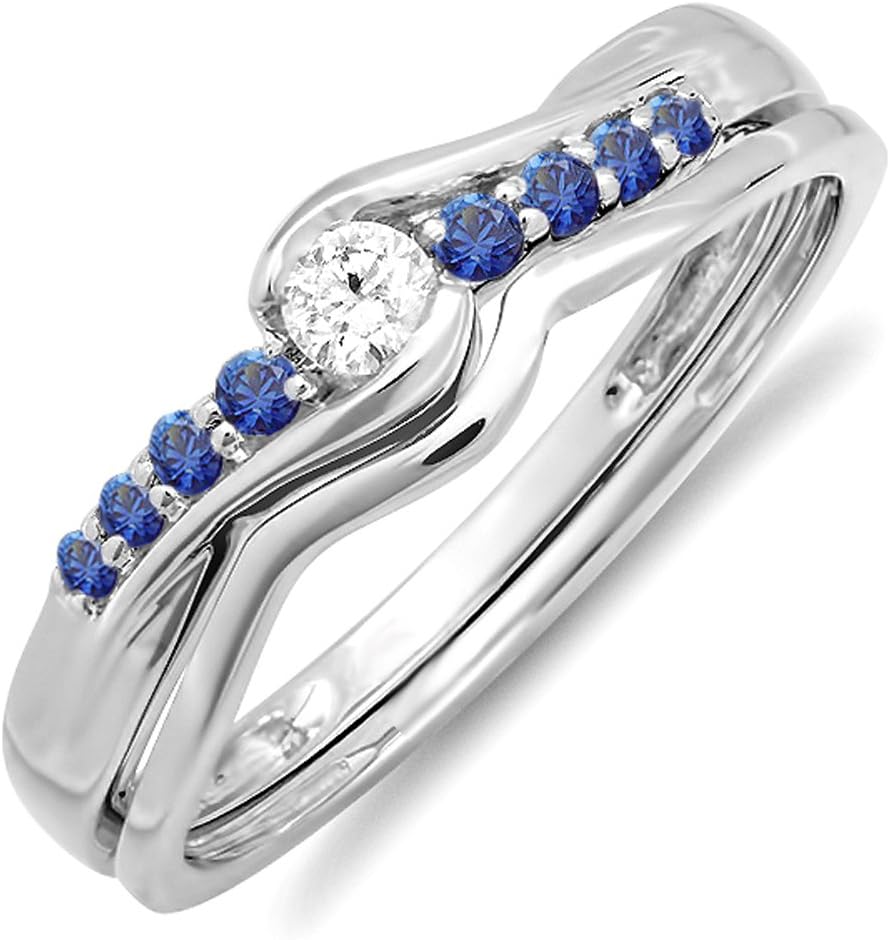 10K Round Blue Sapphire And White Diamond Ladies Bridal Promise Engagement Wedding Band Set, White Gold