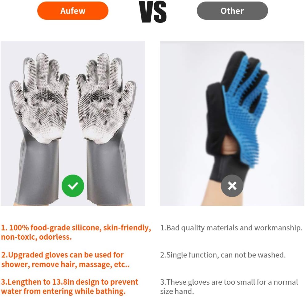 Aufew Magic Pet Grooming Gloves Dog Bathing Shampoo Brush, Heat Resistant Eco-Friendly Silicone Hair Removal Gloves with High Density Teeth for Cats, Dogs