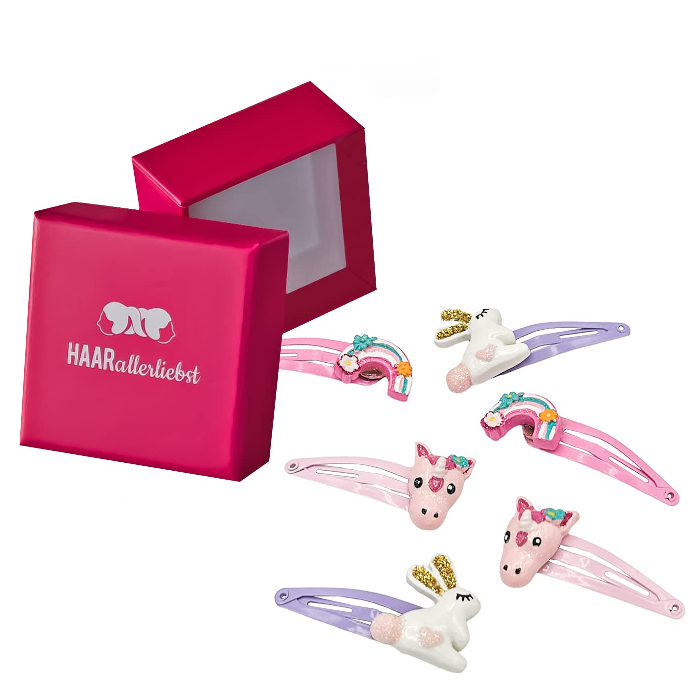 HAARallerliebst Hair Clips Set (6 Pieces | Glitter Butterflies | Colourful) for Girls with Storage Box (Rainbow - Pink)
