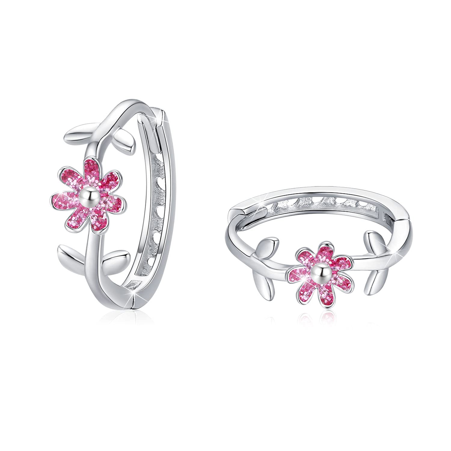 CUOKA MIRACLE Flower Hoop Earrings 925 Sterling Silver Flower Earrings for Women Huggie Earrings Diameter 13mm Circle Hinged Hoop Earrings for Women Girls (Pink)