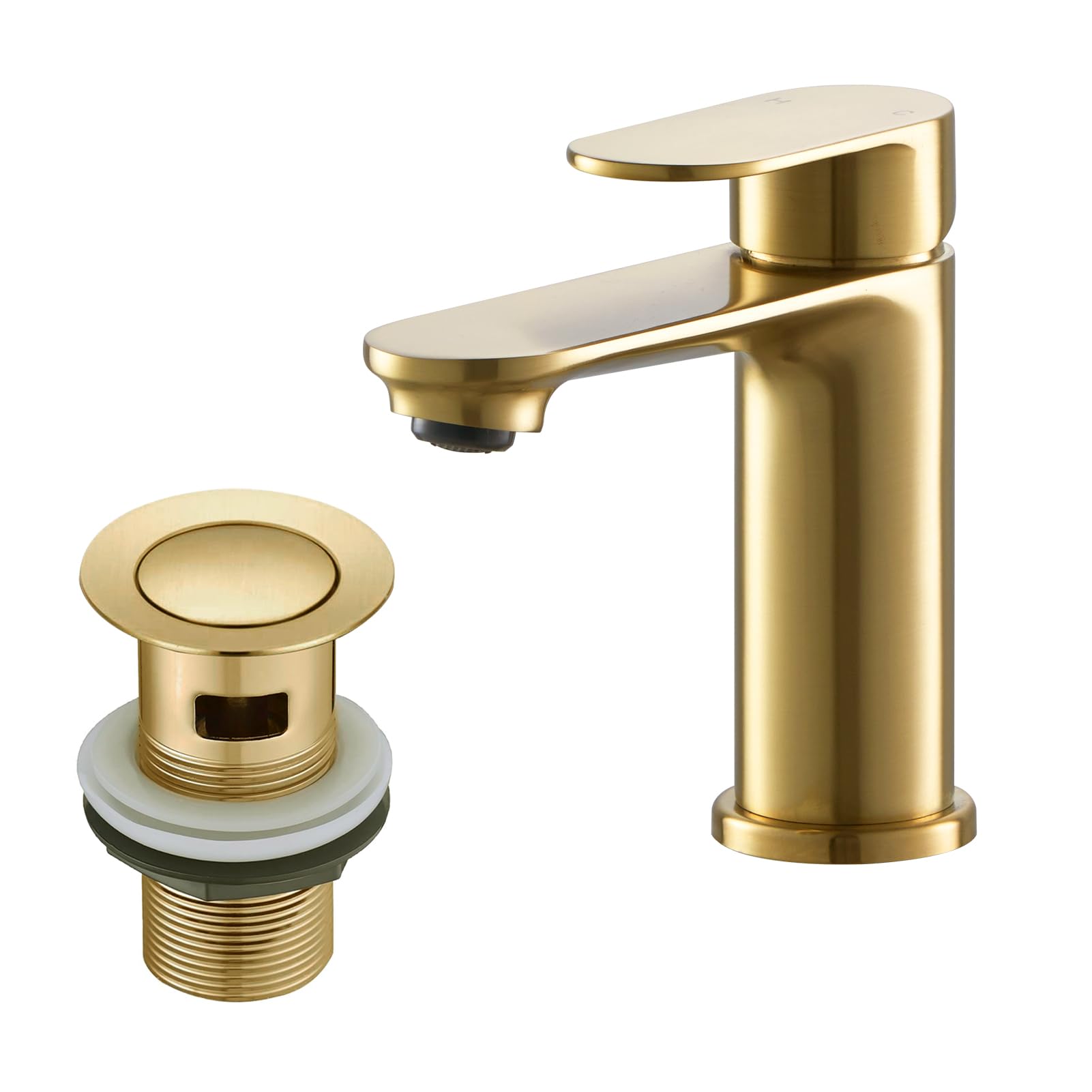 Bathroom Taps with Drain, BATHWEST Basin Mixer Tap with Pop Up Waste, Modern Monobloc Single Lever Brass Basin Taps Mixer with Sink Plug 072GO (Gold)