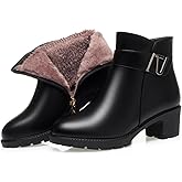 EGGDK Women's Winter Ankle Boots Waterproof Warm Round Toe Chunky Heel Side Zipper Fur Lined Soft Sole Work Snow Boots