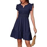 Jayscreate Women's Ruffle Sleeve Layered Dress Pockets Elastic Waist 2025 V Neck Above Knee Summer Casual Cute Dress