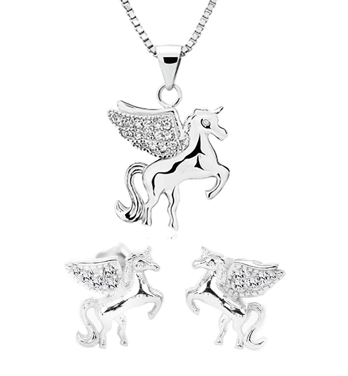 MixiuEuro Women Unicorn Necklace Earrings Sets 925 Sterling Silver Cubic Zirconia Flying Unicorn Pendant Necklace And Earrings Set Jewellery Gift For Girls Women