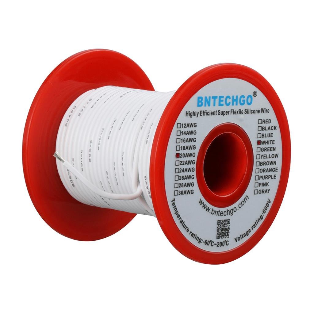 BNTECHGO 20 Gauge Silicone Wire Spool White 100 ft Ultra Flexible High Temp 200 deg C 600V 20 AWG Silicone Rubber Wire 100 Strands of Tinned Copper Wire Stranded Wire for Model Low Impedance