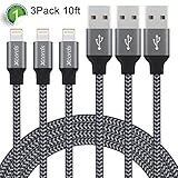 Xcords(TM) 3Pack 10Ft Nylon Braided Lightning to USB Syncing and Charging Cable Data Cord Compatible with iPhone 7/7 Plus/6/6 Plus/6s/6s Plus /5/5s/5c/SE/iPad/iPod and More(Carbon Black)
