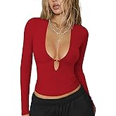 Hragc Women's Long Sleeve Deep V Neck Shirt Ribbed Knit Going Out Tops for Women Slim Fit Crop Trendy Y2k Casual Tight Shirts
