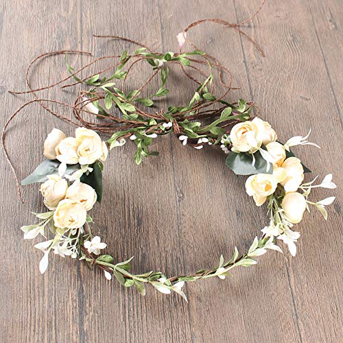 Flower Headband Rose Floral Boho Wreath Garland Hair Hoop Bohemian Headdress Headwear Headpiece Women Girls Crown Leaf Hair Bands Party Decoration Cosplay Costume Handmade Hair Accessories Beige