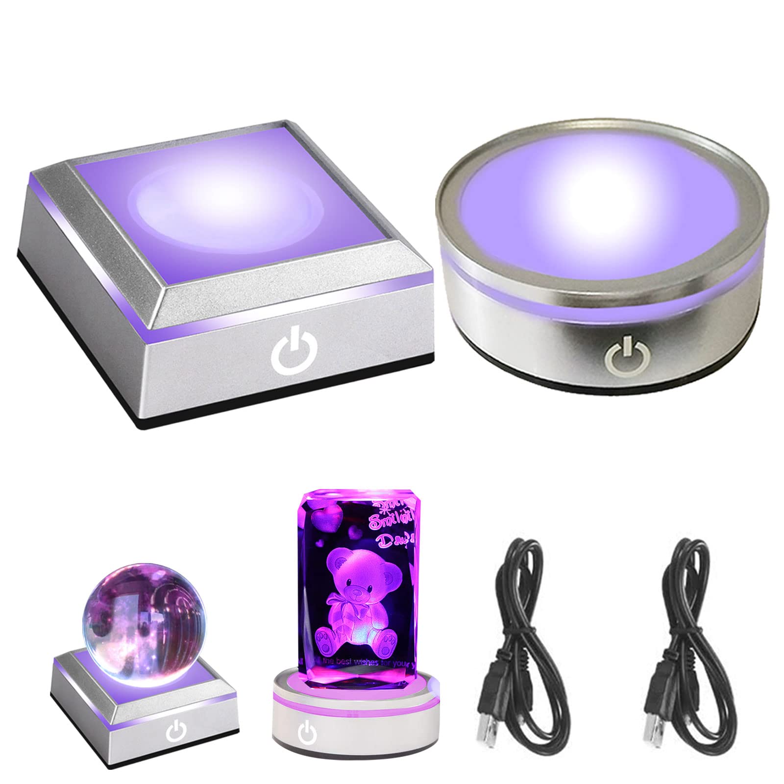 CDIYTOOL 2Pack 6 Colors LED Light Base Show Stand Display Plate with Sensitive Touch Switch for 3D Crystal Glass Art (Square Concave + Round Flat)