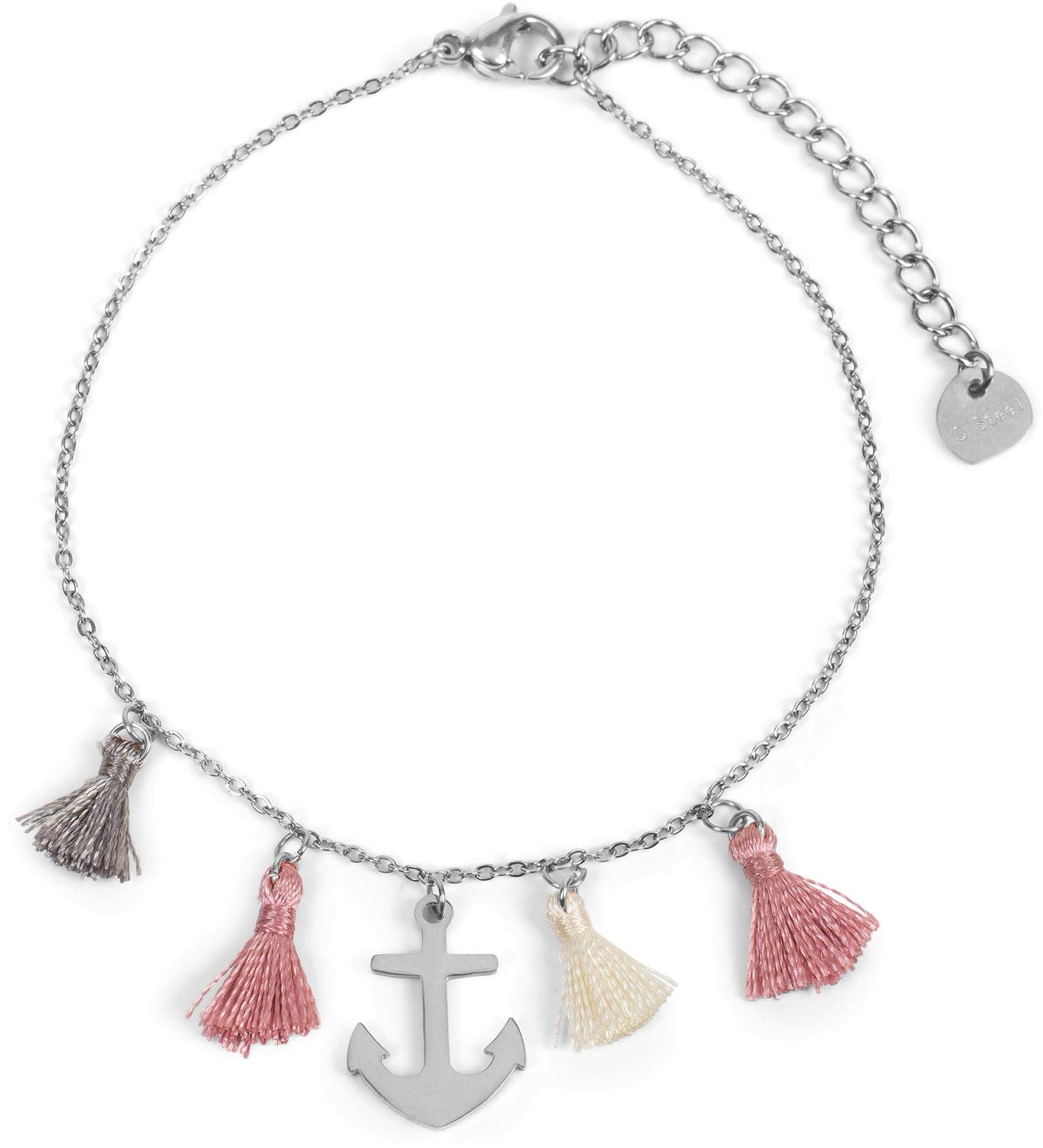 styleBREAKER women stainless steel bracelet with anchor charm and tassel, anchor chain, jewellery 05040166, color:Silver