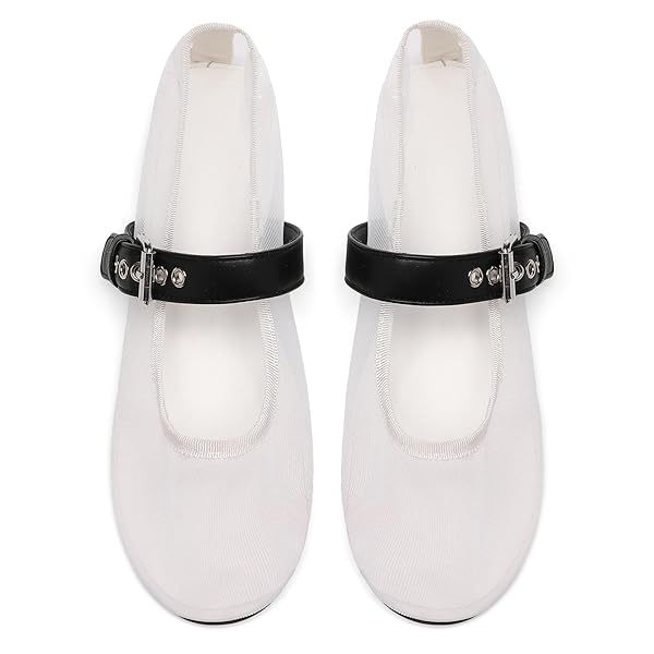 VOLEECE MESH BALLET FLATS FOR WOMEN BUCKLE STRAP ROUND TOE MARY JANE FLATS SLIP ON COMFORTABLE CASUAL DRESS BALLERINA SHOES(WHITE,8)