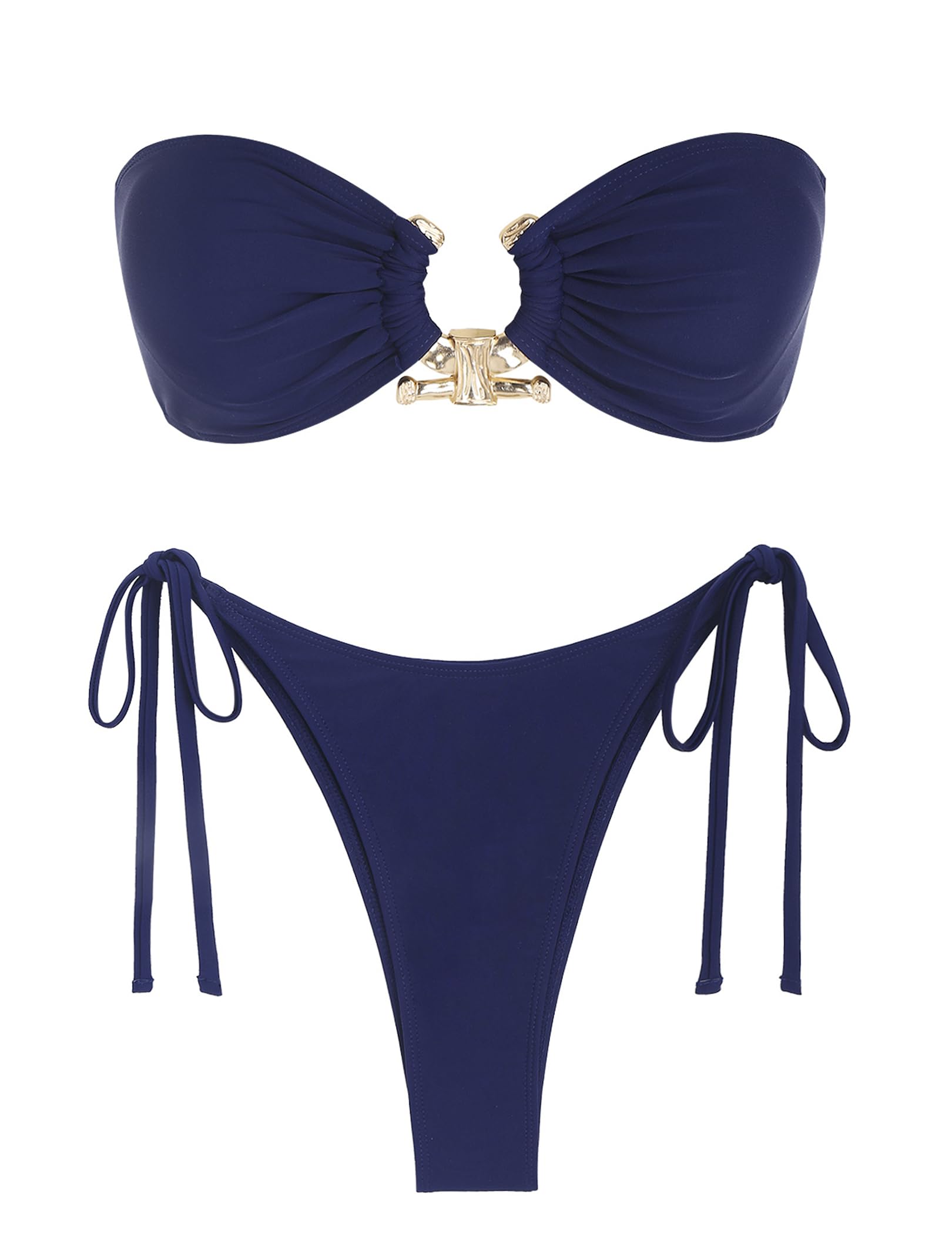 Photo 1 of ZAFUL Sexy Strapless Bandeau Bikini Metal Hardware Ring Tie Side String Shiny Bikini Swimwear Deep Blue L