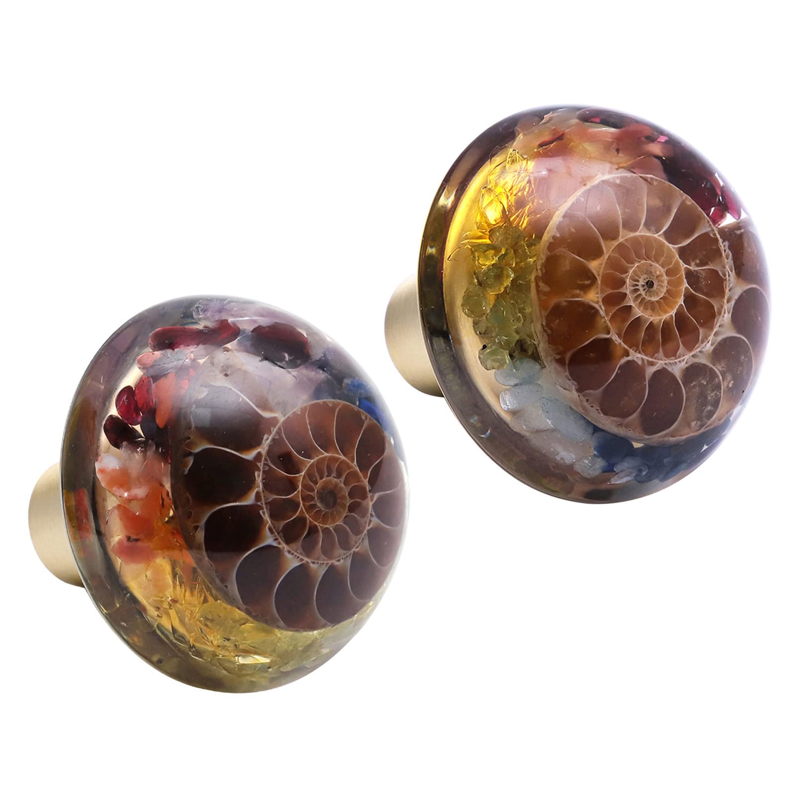 Nupuyai 2pcs 7 Chakra Drawer Knobs with Screws, Resin Ammonite Fossil Crystal Stone Cabinet Pulls Handle for Dresser Wardrobe Decor