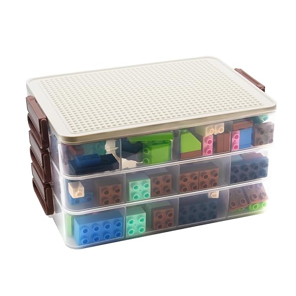 TOYS STORAGE ORGANIZER BINS FOR LEGO, STACKABLE TOYS ORGANIZER, LEGO BUILDING BLOCK STORAGE, TOY STORAGE BOX WITH 24 PALACE GRIDS, PLASTIC STACKABLE ORGANIZER BINS (WHITE 3LAYERS)