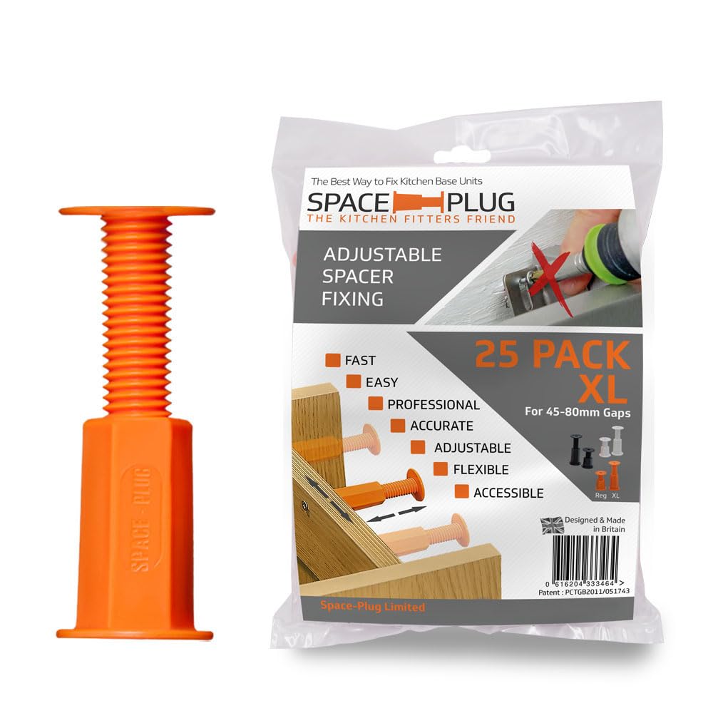 Space-Plug Adjustable Spacer Fixings (XL size for 45-80mm gaps), 25 Pack of Original Orange Spacers, Professional & DIY use for kitchen, bedroom, bathroom & furniture installations