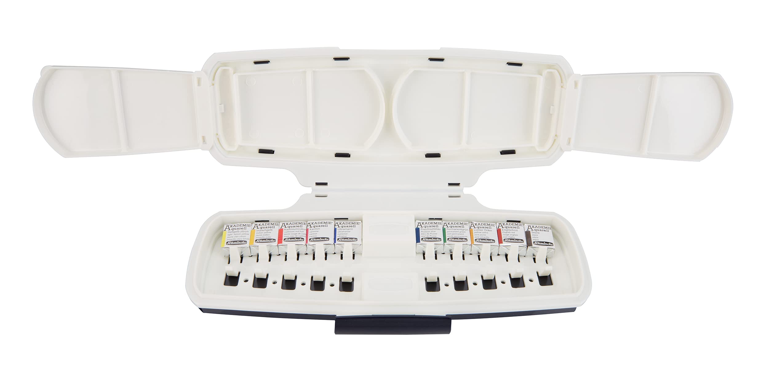 Schmincke - AKADEMIE®AQUARELL Watercolour Box, basic assortment 10 x 1/2 pans, 75 010 097, plastic set, fine artists' watercolours, foldable mixing palette, space for 10 additional colours