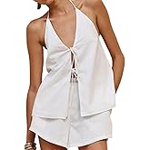 Hesaco Linen Set for Women - 2 Piece Suits Set Tie Front Top Linen Vest Women Y2k Backless Tank Top Going Out Tops (White,M,Medium)