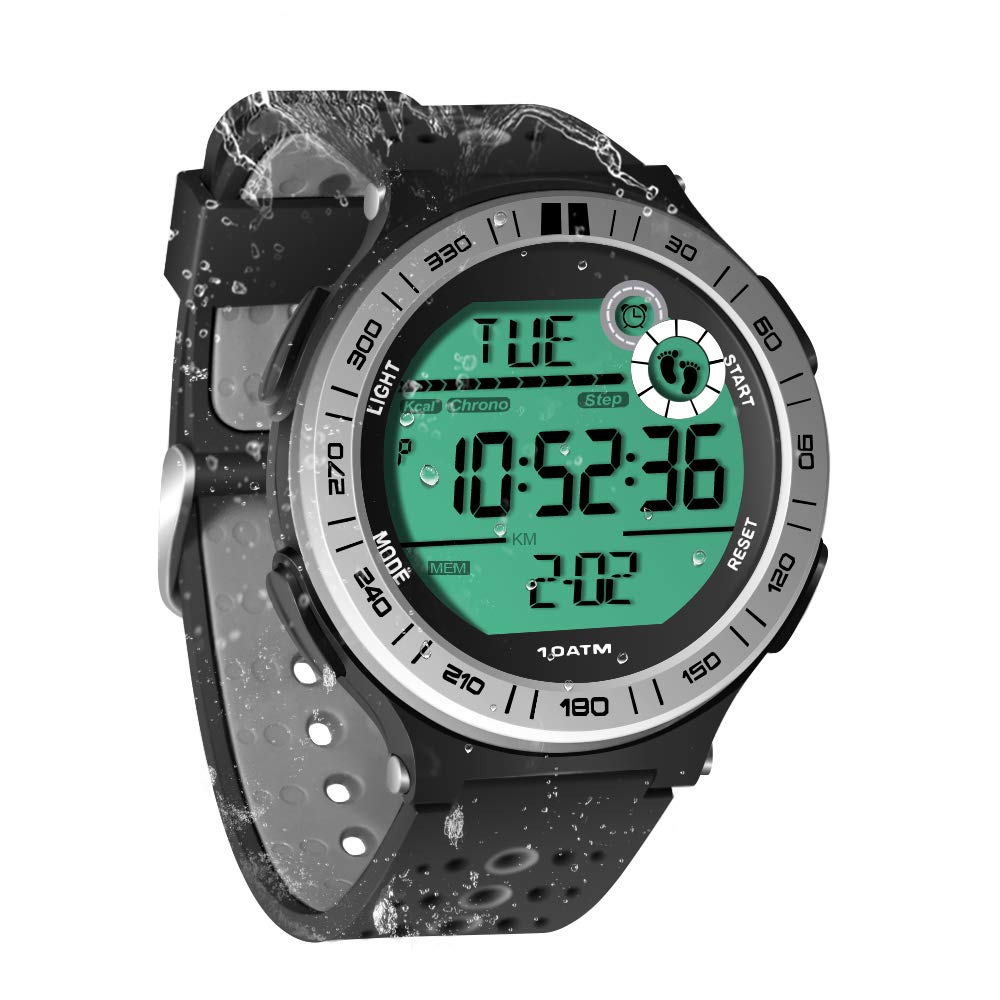 TEKMAGIC Digital Sports Watch 100 m 10 ATM Waterproof with Functions such as Pedometer, Fitness Tracker, Round Stopwatch, Alarm Clock, 12/24 Hours Format Switchable