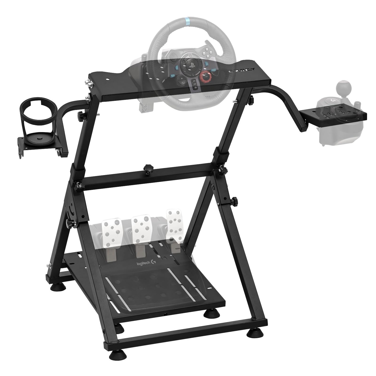 CXRCY Soporte para volante de carreras con portavasos, altura ajustable y plegable, soporte para volante compatible con Logitech G920 G29 G27 G25 Gaming Cockpit (rueda y pedales no incluidos)