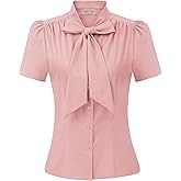 Belle Poque Summer Short Sleeve Office Button Down Blouse Stripe Shirt Tops with Bow Tie BP573