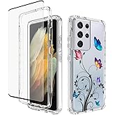 Vavies Case for Galaxy S21 Ultra 5G Case, SM-G998U Case with Tempered Glass Screen Protector, Full Body Clear with Floral Protection Phone Cover Cases for Samsung Galaxy S21 Ultra 5G (Butterfly Tree)
