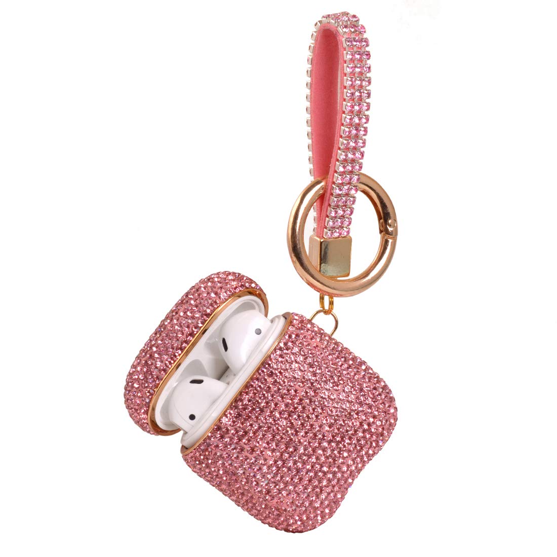 Photo 1 of Sparkly Diamond Case for AirPods with Keychain, Shockproof Protective Premium Bling Rhinestone Cover Skin Compatible with AirPods Charging Case 2 & 1(Pink+Gold Plated)