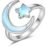 Zhi Kexin Moonstone Moon and Star Ring for Women 925 Sterling Silver Adjustable Open Band Finger Rings Fashion Jewelry Gifts