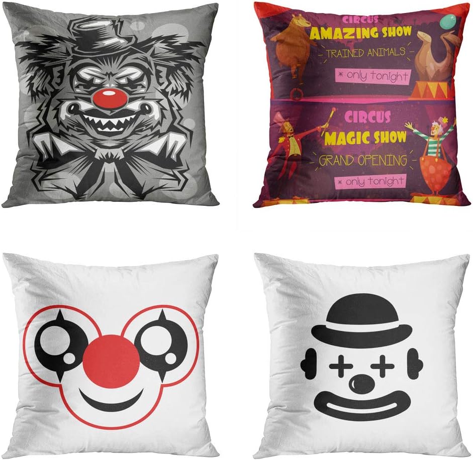Moladika Set of 4 Throw Pillow Covers 16x16 Inch Square Crazy Serial Killer Clown Red Traveling Circus Amazing Show 2 Retro Cushion Home Decor Sofa Bedroom Pillowcase