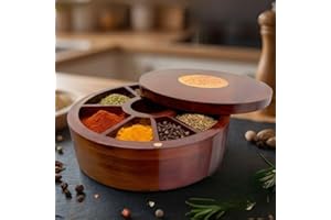 Premium Acacia Wood Spice Box Masala Dabba 7 section Spice Cellar Kitchen Storage Container Airtight Swiveling Magnet Floral 