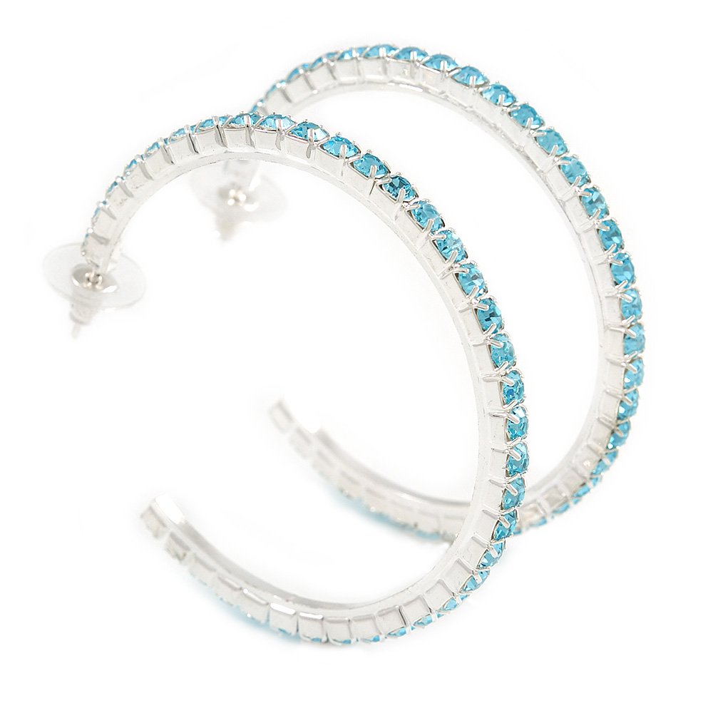 60mm D/Open Light Blue Crystal Hoop Earrings - Large Size