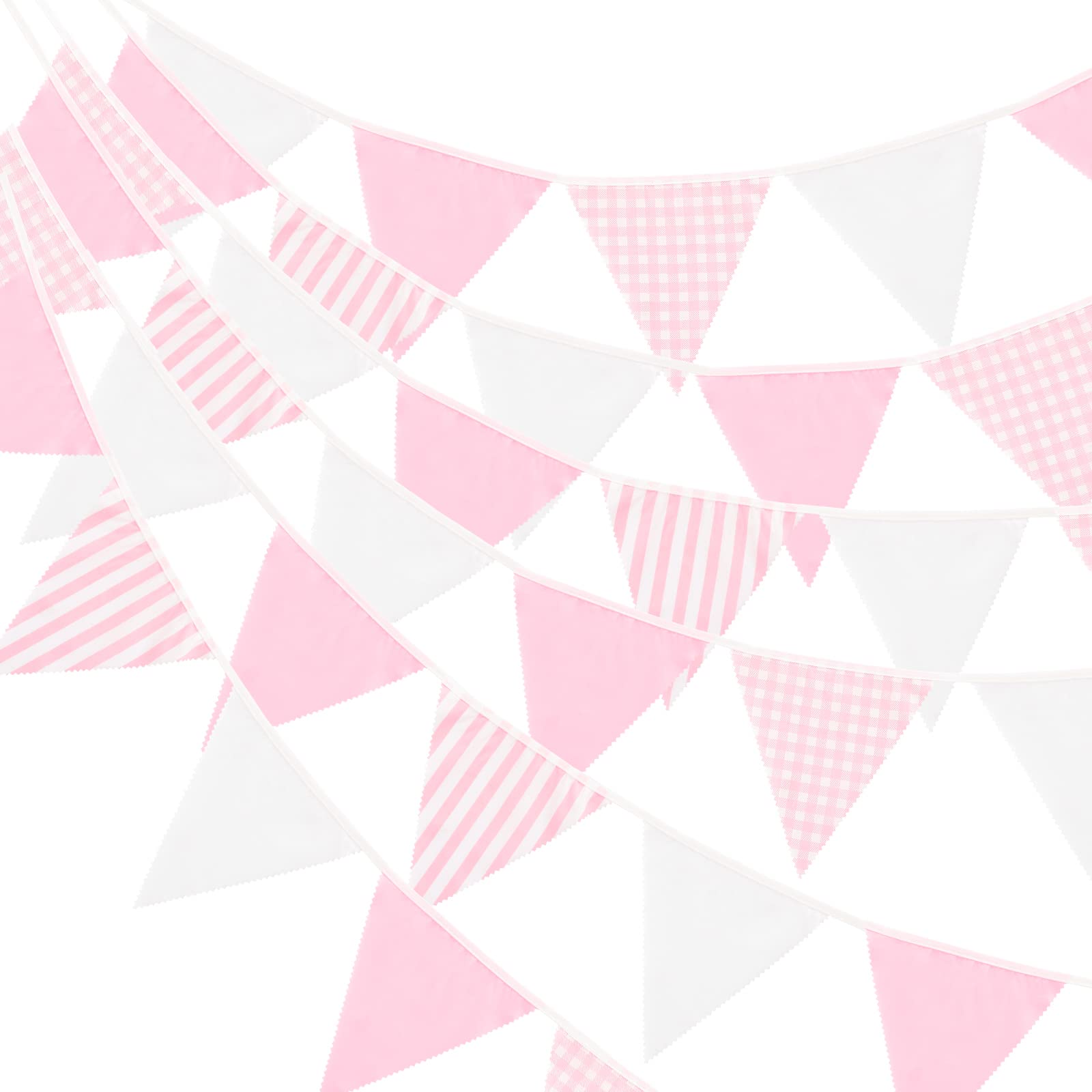 G2PLUS 12M Pink and White Stripe Fabric Bunting - 42PCS Cloth Gingham Bunting - Cotton Stripe Banner Pennant - Large Triangle Garland Banner for Kid's Bedroom Playhouse, Valentine's Day Party Decor