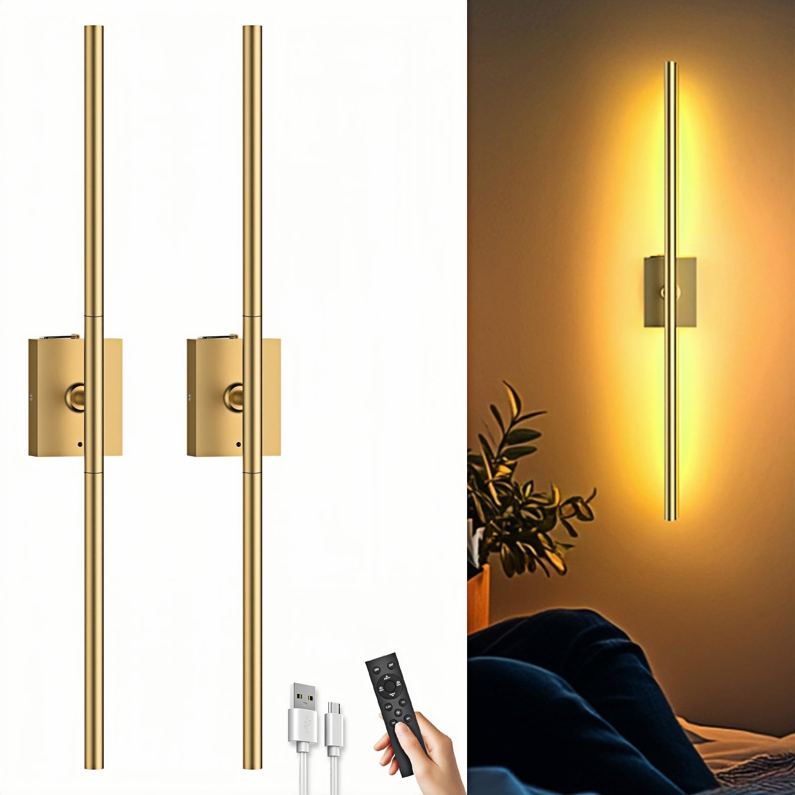 Photo 1 of Battery Operated Wall Sconces Set of Two: Dimmable Wireless Wall Lights with Remote, 31.5inch LED Rechargeable Sconces, 360° Lighting Wall Scone Decor for TV, Mirror, Bedroom, Living Room(Gold)